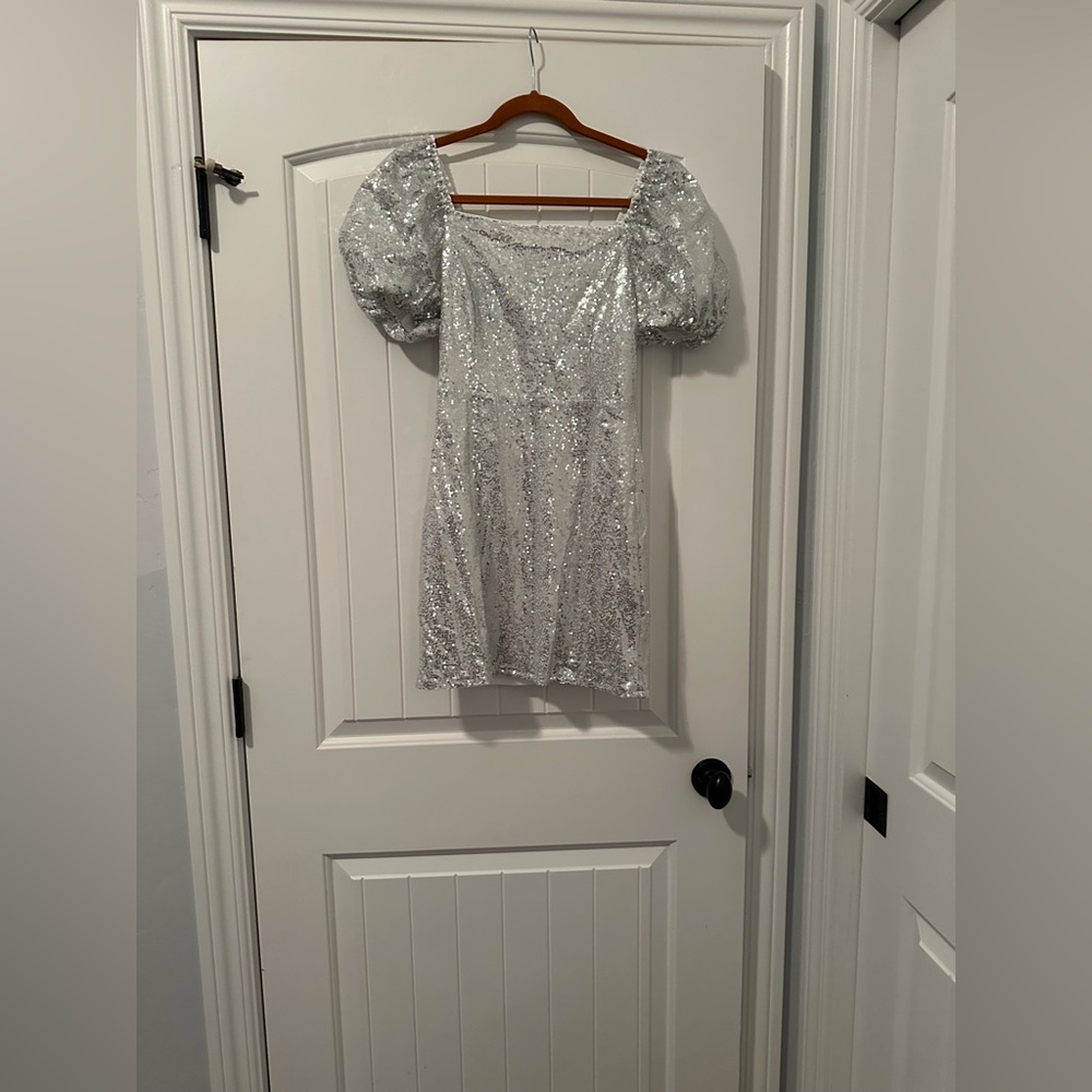 Square neck puff sleeve silver sequin short dress!